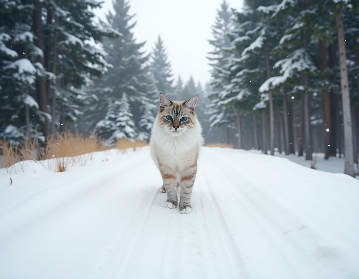 Cat walks along a snowy winter trail, leaving footprints in the fresh snow while surrounded by peaceful pine trees and gently falling snowflakes.